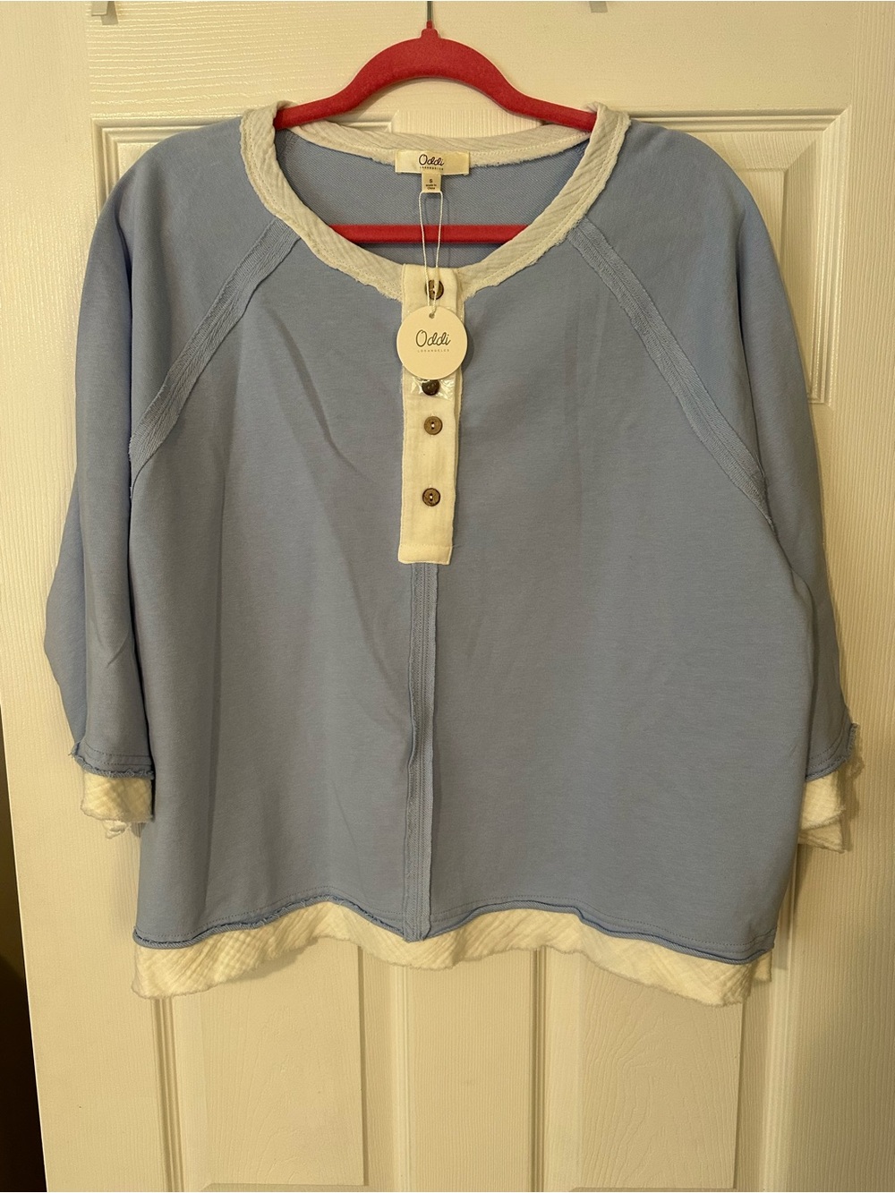 Oddi Light Blue Cotton-Blend Henley Pullover